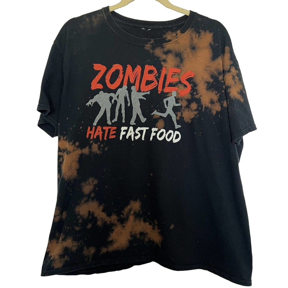 🌵 Zombies Hate Fast Food Unisex Black Upcycled Bleached Reworked T-Shirt - XL